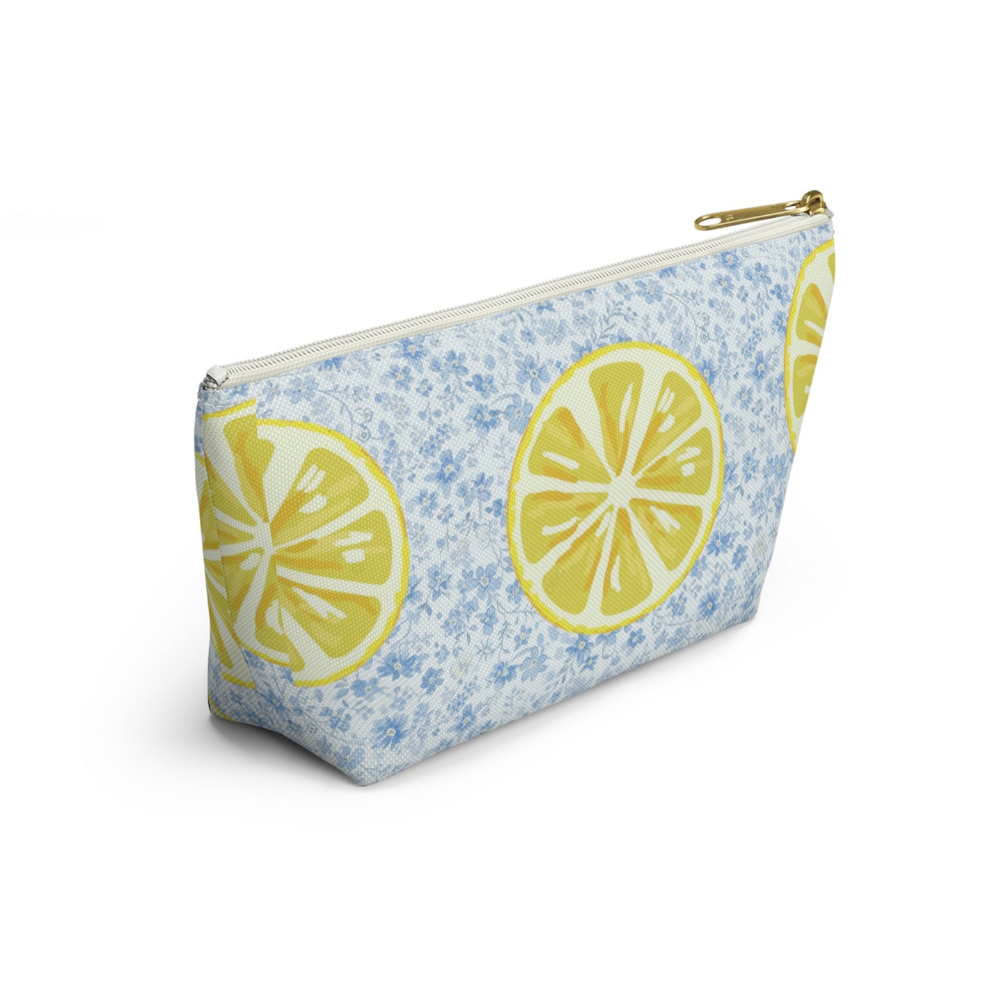 Lemon & Blue Floral Accessory Pouch — Fresh Lemon Bag with Delicate Blue Flowers