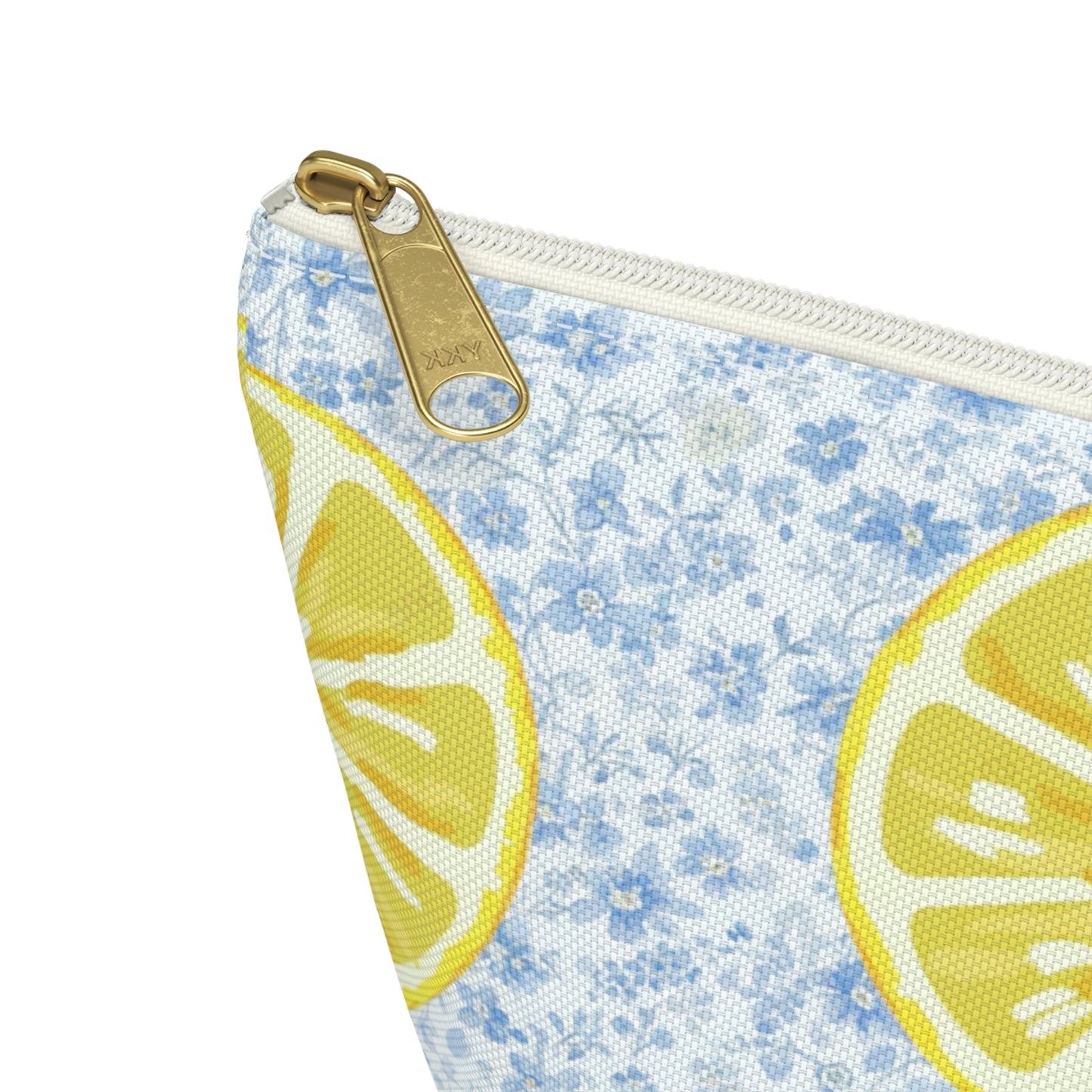 Lemon & Blue Floral Accessory Pouch — Fresh Lemon Bag with Delicate Blue Flowers