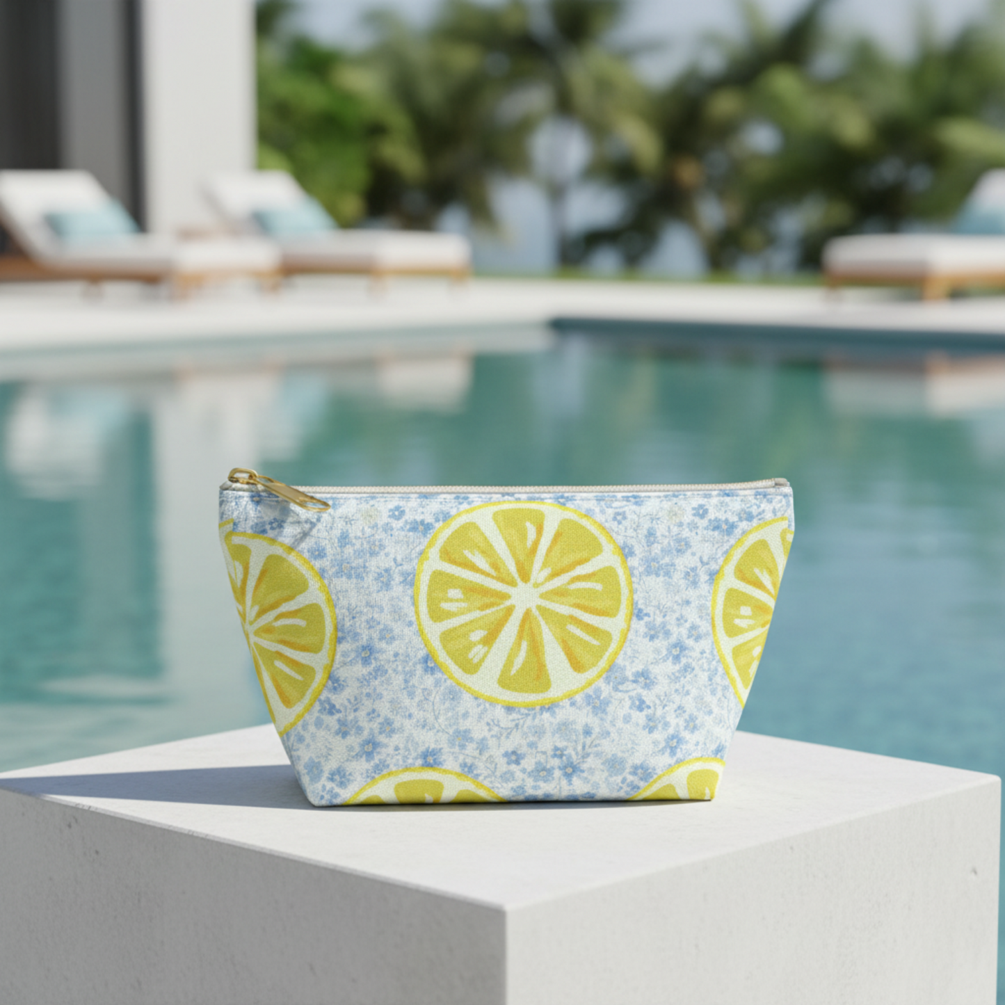 Lemon & Blue Floral Accessory Pouch — Fresh Lemon Bag with Delicate Blue Flowers