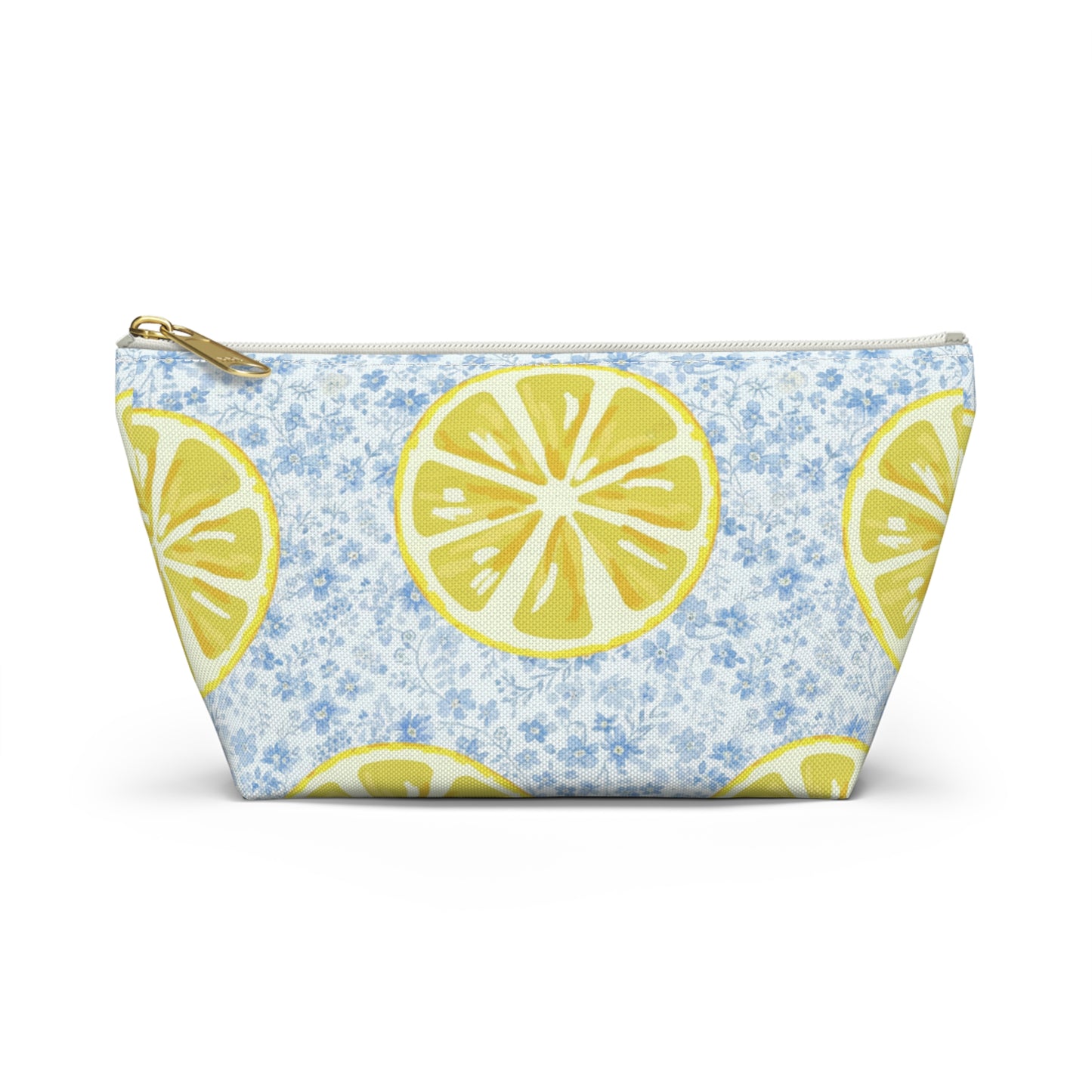 Lemon & Blue Floral Accessory Pouch — Fresh Lemon Bag with Delicate Blue Flowers