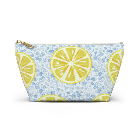 Lemon & Blue Floral Accessory Pouch — Fresh Lemon Bag with Delicate Blue Flowers