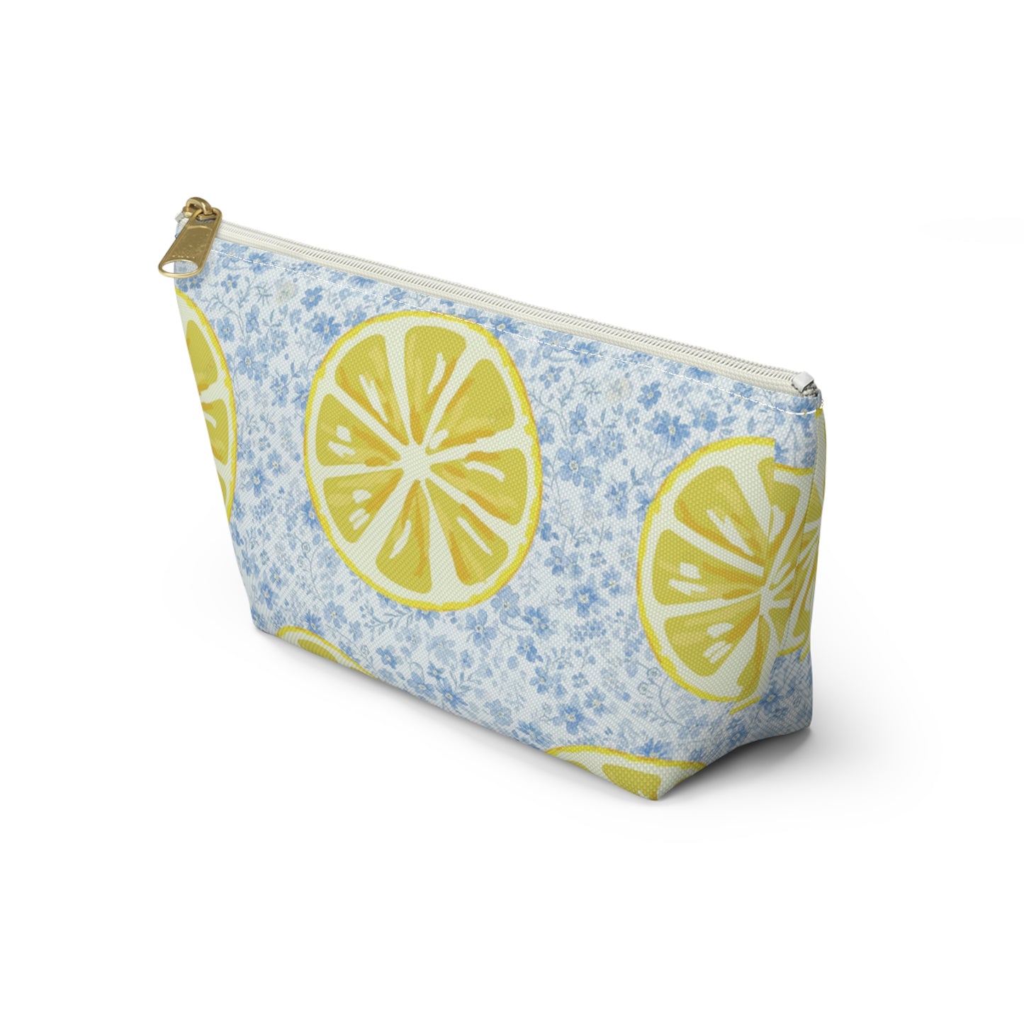Lemon & Blue Floral Accessory Pouch — Fresh Lemon Bag with Delicate Blue Flowers