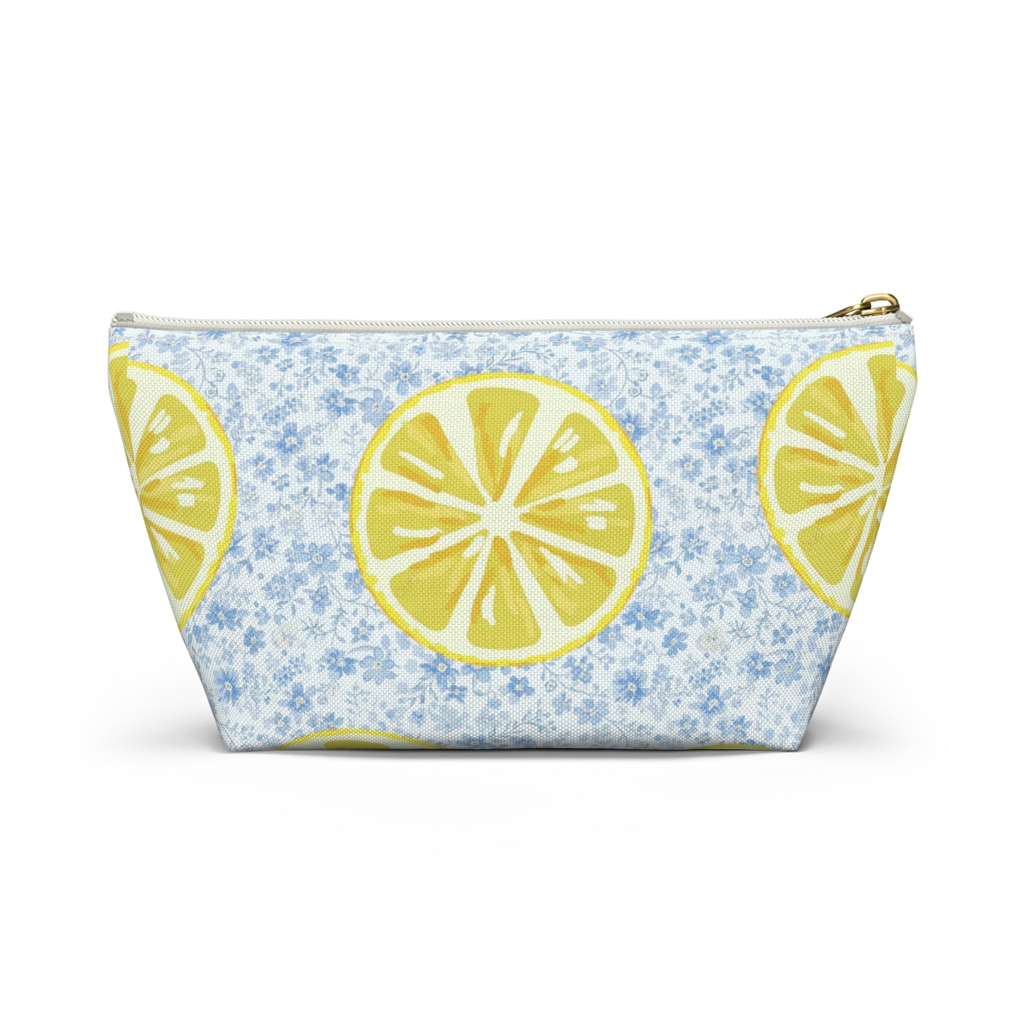 Lemon & Blue Floral Accessory Pouch — Fresh Lemon Bag with Delicate Blue Flowers