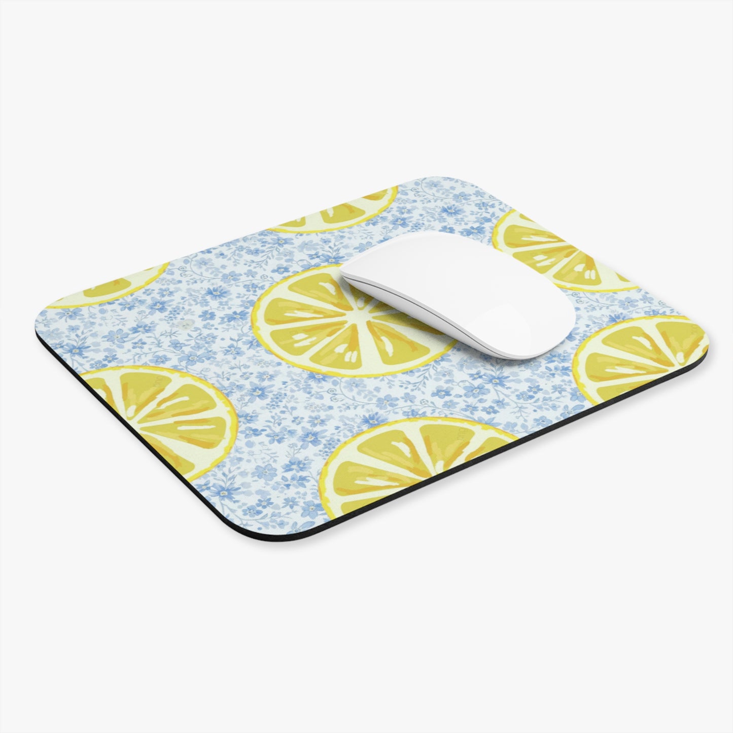Lemon & Blue Flowers Mouse Pad — Bright Floral Desk Mat