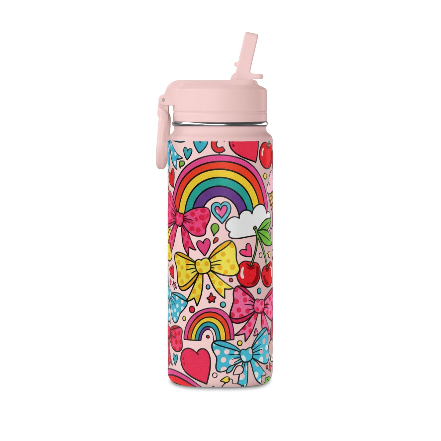 Girls Rainbow Cherries & Bows 20oz Water Bottle — Cute Kids Bottle