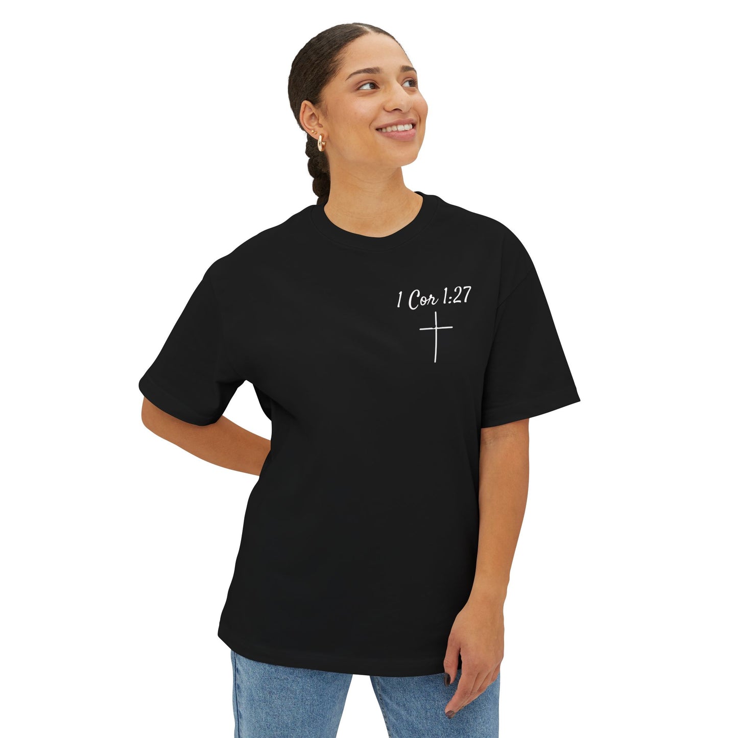 Chosen Christian Tee — "I Cor. 1:27" Oversized Boxy T‑Shirt for Men and Women
