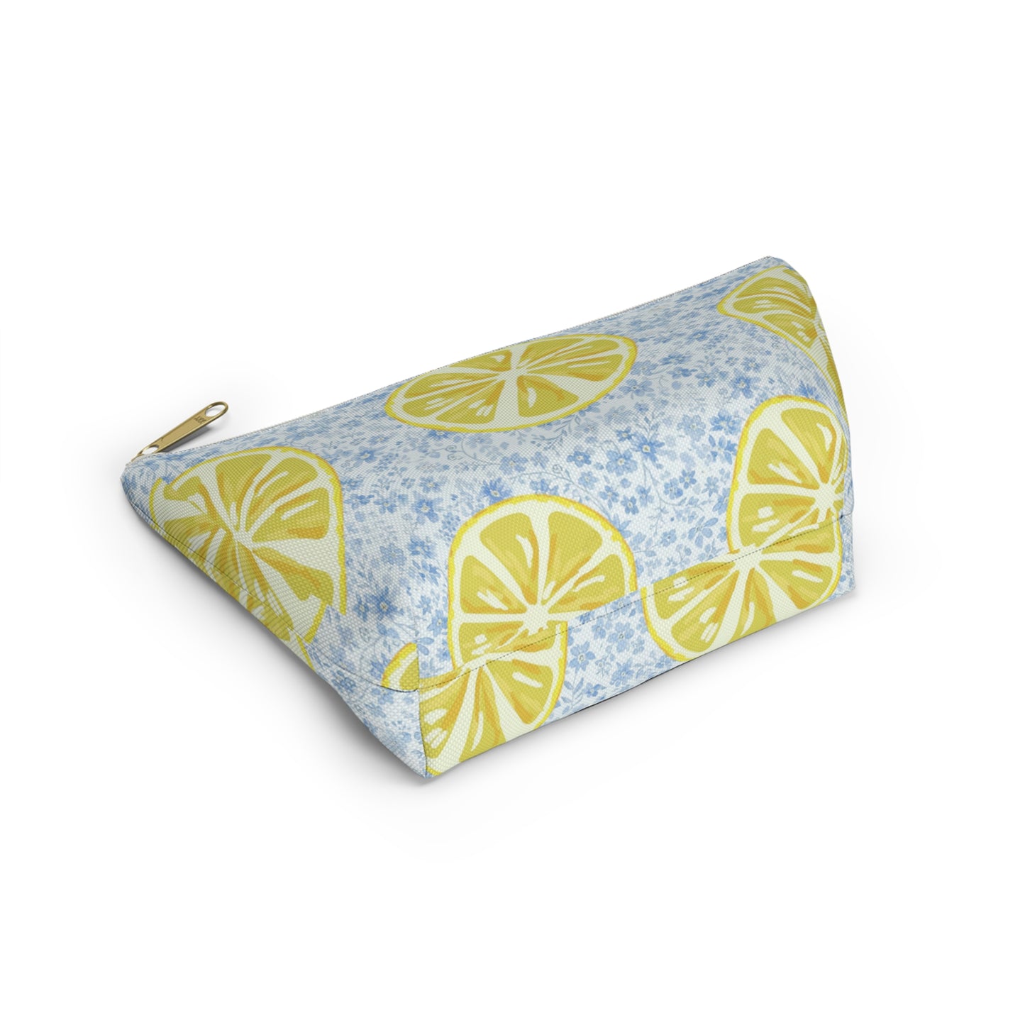 Lemon & Blue Floral Accessory Pouch — Fresh Lemon Bag with Delicate Blue Flowers